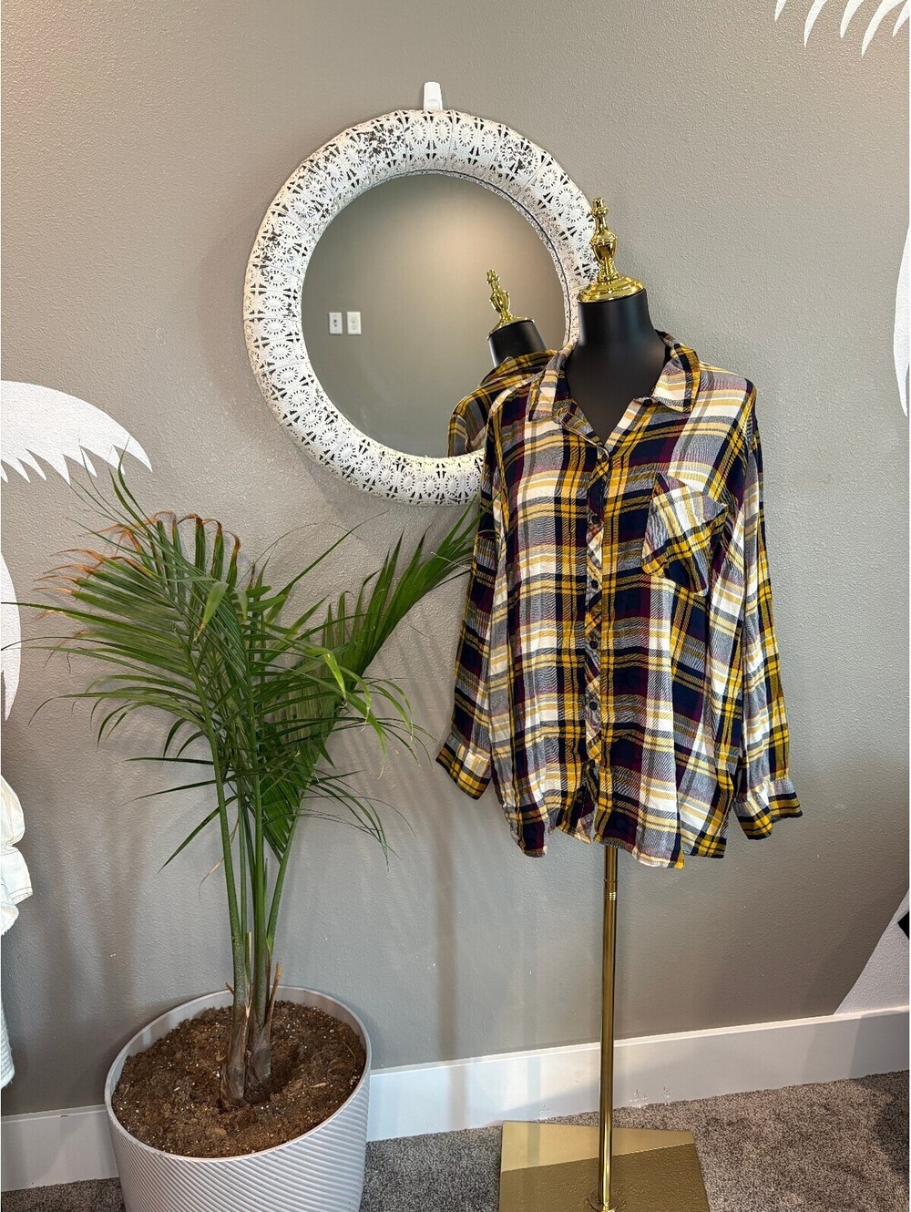 Long Sleeve Plaid Button-Up Shirt in Yellow and Navy